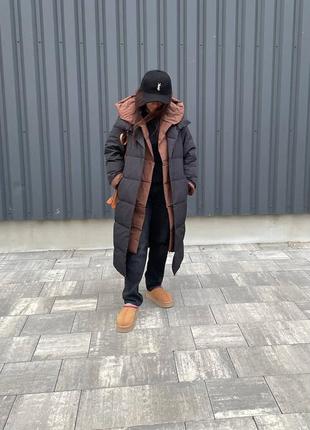Тепле стьобане зимове пальто на екопуху, довге пальто на зиму еко пух з капюшоном1 фото