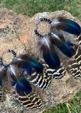Серьги с перьями павлина ′ночной полет′1 фото