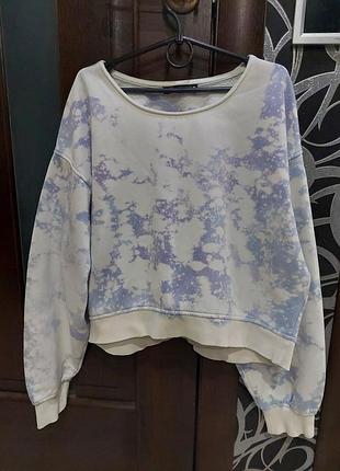 Укороченный свитшот от zara на флисе лавандовый дым в стиле тай дай 44-46