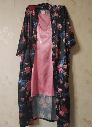 Комплект батал халат длинный + ночнушка комбинация костюм (искусственный шелк атлас)2 фото