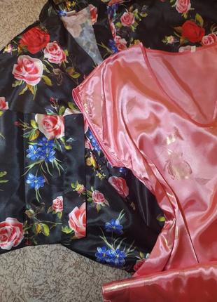 Комплект батал халат длинный + ночнушка комбинация костюм (искусственный шелк атлас)3 фото