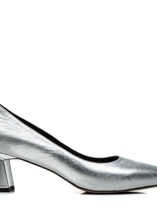 Туфли женские кожаные серебристые на удобном каблуке 1674т2 фото