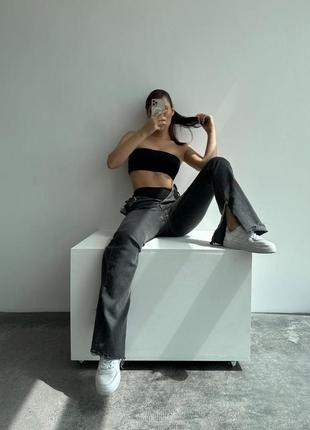 Комплект нижнего белья в рубчик женский, черный топ-бандо и стринги5 фото