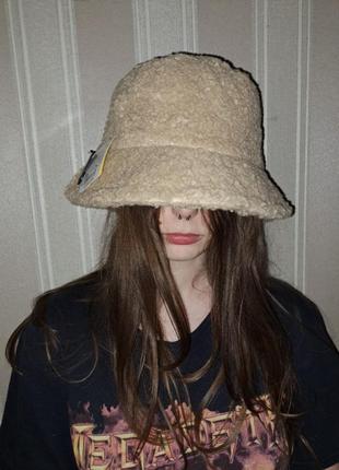 Шляпа панама искусственная мех барашек бежевая2 фото