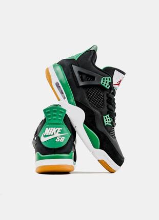 Кожаные кроссовки nike sb x jordan 4 black green. женские и мужские размеры.8 фото