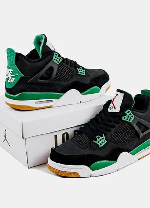 Кожаные кроссовки nike sb x jordan 4 black green. женские и мужские размеры.1 фото