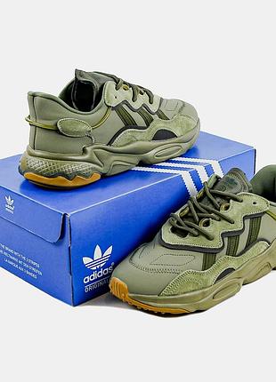 Мужские кожаные кроссовки adidas ozweego khaki. цвет хаки.