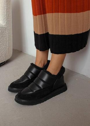 Женские зимние черные ботинки из натуральной кожи, мокасины на меху, кроссовки