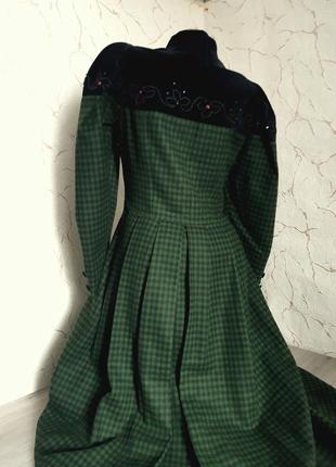 Шикарное длинное платье шерсть зелёная/чёрная клетка,46 р3 фото