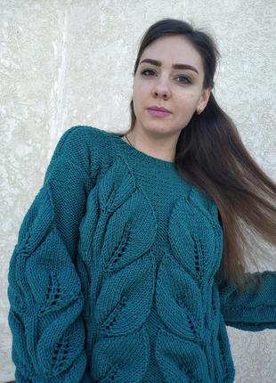 Женский вязаный свитер с листьями джемпер оверсайз листья ручная работа4 фото