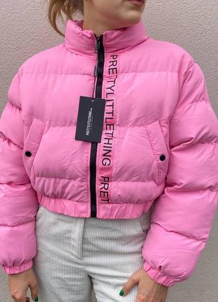 Зимова жіноча тепла рожева укорочена куртка пуфер l-xl
