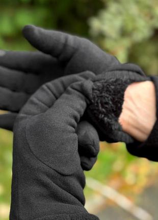 Рукавиці на хутрі з накладкою touch screen чоловічі жіночі зимові теплі чорні | рукавички з хутром зима1 фото