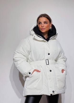 Куртка курточка с поясом зимняя теплая белая4 фото