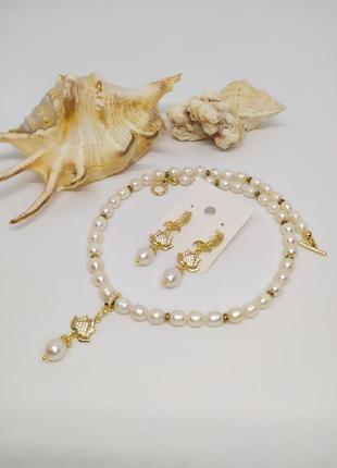 Комплект прикрас з прісноводними перлами "білий лотос"1 фото