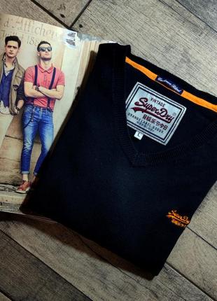 Мужской элегантный хлопковый свитер с  v- образным  воротом superdry в тёмно-синем цвете размер l