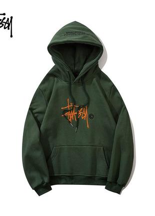 Теплый худи stussy khaki green на флисе