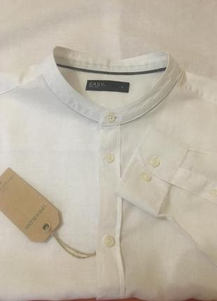 Белая рубашка с длинным рукавом-ворот стойка(лен+хлопок)5 фото