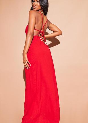 Вечернее коктельное нарядное красное платье макси в пол длинная разрез prettylittlething plt4 фото