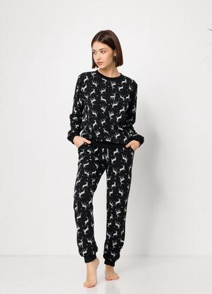 Пижама женская со штанами черная с оленями размер s, m, l, xl