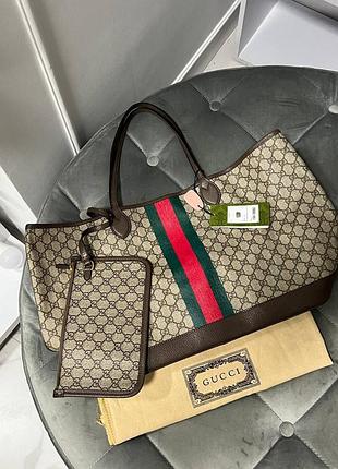 Сумкп шоппер в стиле gucci коричневая беж