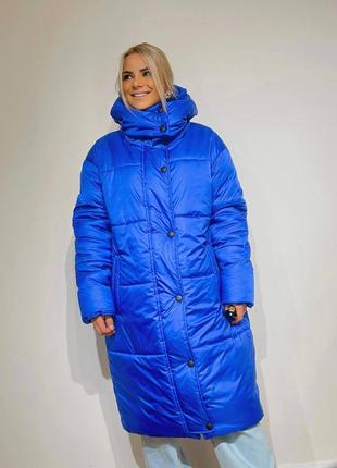 Объемный пуховик зима стеганый с капюшоном длинный электрик