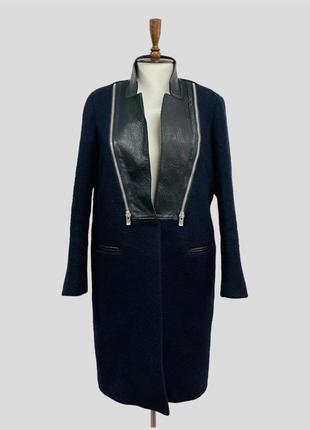 Sandro paris женское шерстяное синее пальто с кожаными вставками