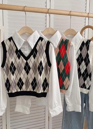 Комплект: жилет-светр з v-подібним вирізом і гарним візерунком + сорочка5 фото