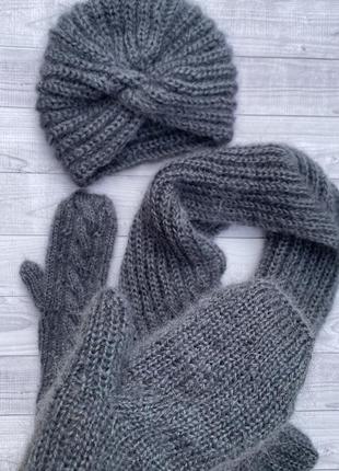 Ангора мозер набор шапочка шарф варежки пушистые серый набор6 фото