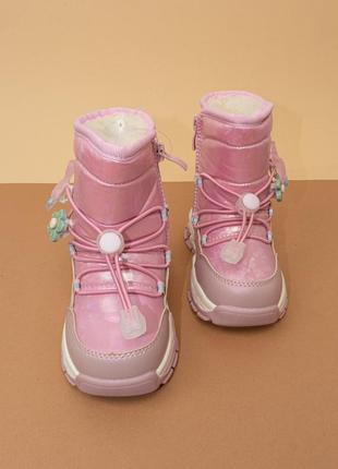 Зимове термо взуття для дівчинки рожеві чобітки дутики черевики 23-28 розовые детские зимние ботинки3 фото