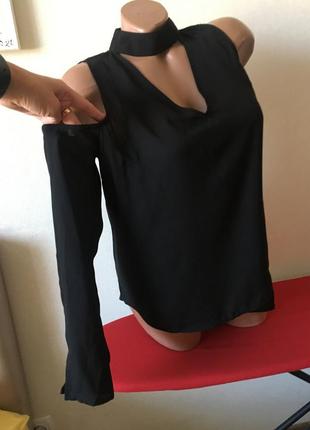 Черная шифоновая блуза с рукавом и чокером4 фото