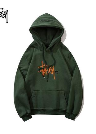 Теплый худи stussy khaki green на флисе l