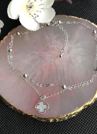 Браслет на ногу клевер, новинка, під срібло, подвійний, конюшина, шарики, браслетик