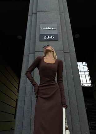 Трикотажное платье-миди шоколад 🍂 осеннее платье со шнуровкой на спине трикотаж рубчик премиум ⚜️5 фото