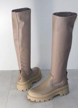 Сапоги ботфорты чулки женские кожаные демисезон бежевые8 фото