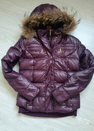 Куртка курточка пуховик бордо капюшон натуральний енот єнот зима осінь стьобана стебана2 фото