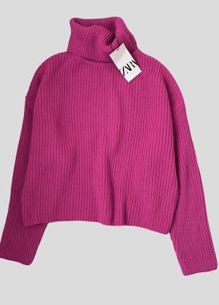 Новий об'ємний вовняний светр zara з високим коміром під горло вільного крою оверсайз колір фуксія6 фото