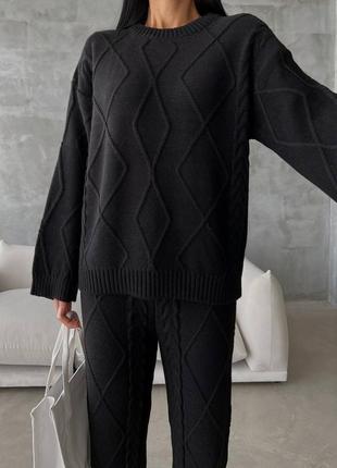 Костюм брюки палаццо прямые клеш широкие кофта свитер джемпер оверсайз объемный вязаный косичка теплый стильный тренд зара zara8 фото