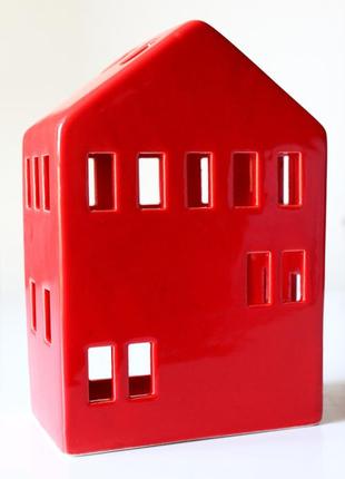 Керамический подсвечник домик, красный подсвечник домик керамика, новогодний подсвечник6 фото