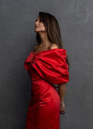 Платье женское миди нарядное, с декоративным бантом, дизайнерское бренд, красное2 фото