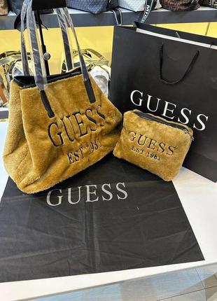 Sale ‼️ жіноча сумка шопер з косметичкою жовта хутро, сумка жіноча 2 в 1 еко хутро, сумка косметичка в стилі гесс guess, сумка 3 в 1 жовта