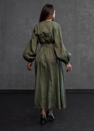 Платье женское миди, льняное, дизайнерское, с длинным рукавом, бренд, хаки4 фото