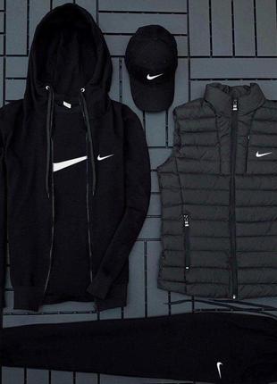 Флис комплект с жилеткой nike (худи на змейке+штаны+футболка черная+кепка+жилетка)