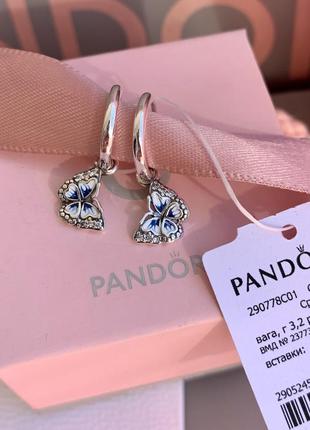 Сережки пандора срібло 925 сережки pandora хупи «блакитні метелики» сережки кільця конго оригінальні сережки пандора нові бірка пломба