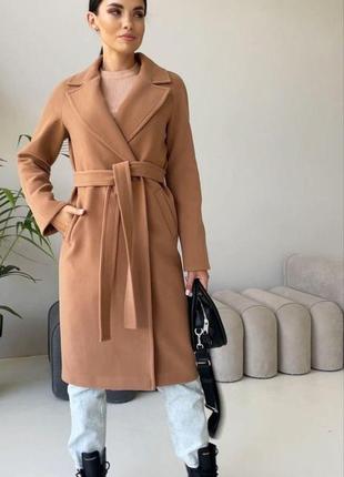 Зимнее женское качественное утепленное пальто из кашемира цвета кемел, р 40-504 фото