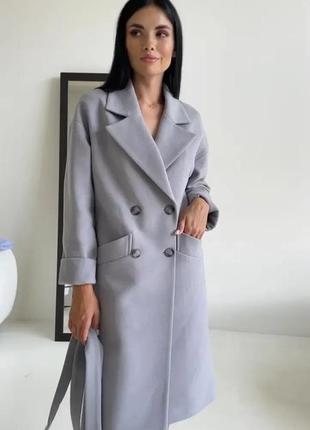 Зимнее теплое двубортное женское утепленное пальто из итальянского кашемира серого цвета1 фото