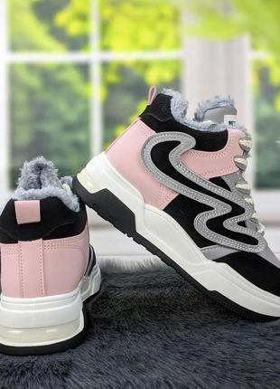 Кросівки жіночі зимові високі сірі з рожевим на хутрі 4246