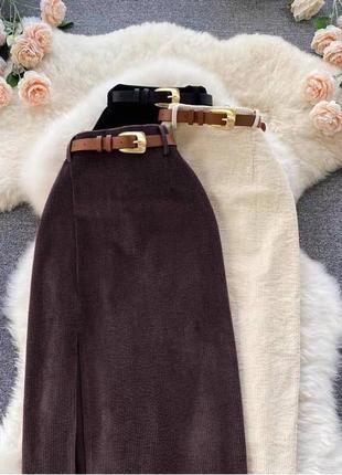 Стильна базова класична бежева вельветова спідниця юбка міді з розрізом збоку6 фото