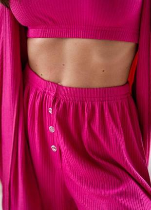 Жіночий піжамний домашній костюм у рубчик-трійка топ шорти та халат комплект для дому та сну рожевий 205184 фото