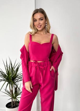 Женский костюм тройка пиджак брюки и топ из высококачественной костюмной ткани