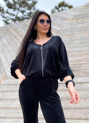 Женский удобный мягкий велюровый спортивный костюм норма и батал двойка штаны кофта большие размеры черный2 фото